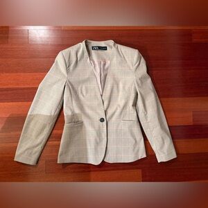 Zara Plaid Blazer Jacket Neutral Beige Pink Lined Single Button Size 4
